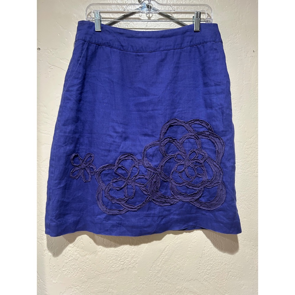 Boden Womens Blue Linen Floral Applique A-Line Skirt Pockets US 8R